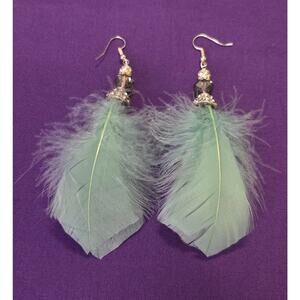 Teal Blue Feather Earrings Glass Crystal & Rhinestones
